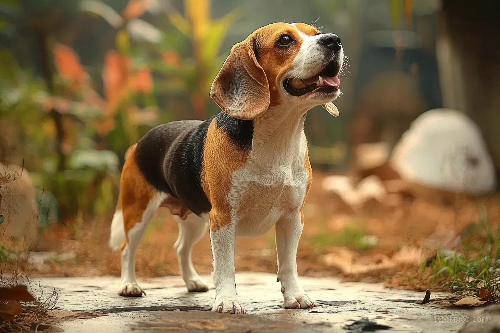 Tricolor beagle stands on a stone path outdoors with tongue out while greenery blurs behind it.