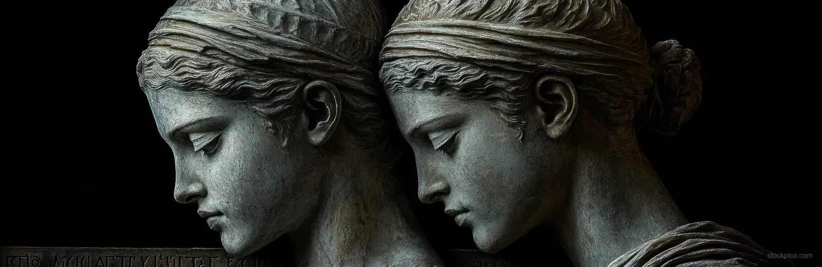 Close-up of ancient stone statues with carved inscriptions on a weathered wall under soft natural light.