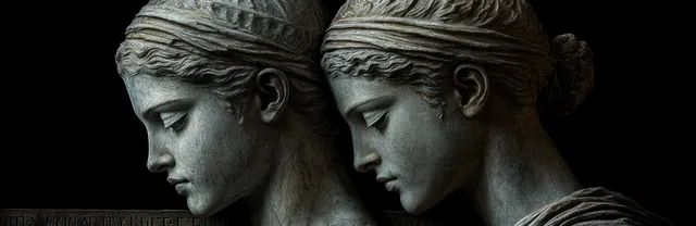 Close-up of ancient stone statues with carved inscriptions on a weathered wall under soft natural light.