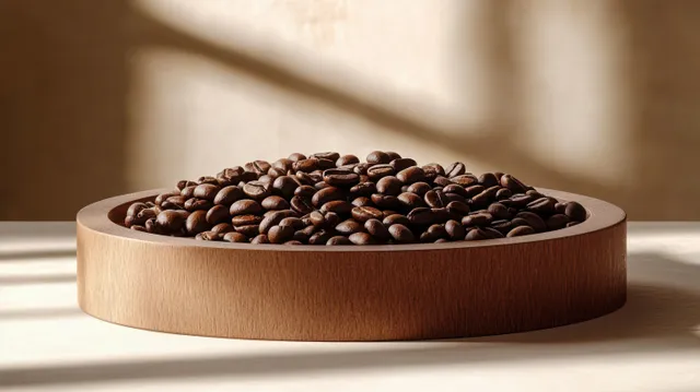 Round wooden tray piled with dark roasted coffee beans under sunlight and sharp shadows