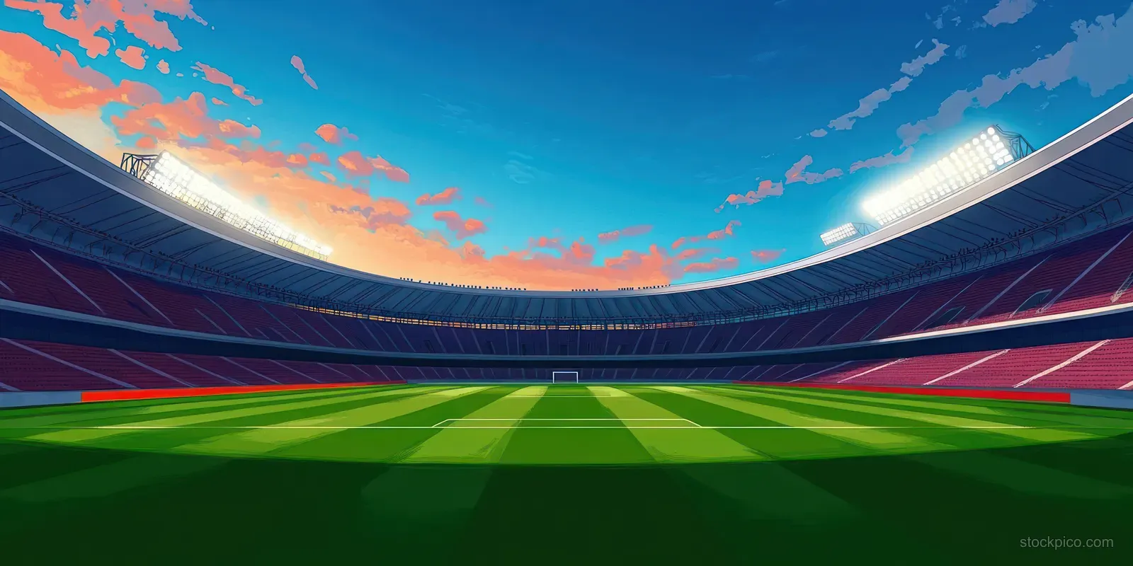 Empty soccer stadium interior with green grass pitch, goal frame, and colorful sunset clouds overhead.