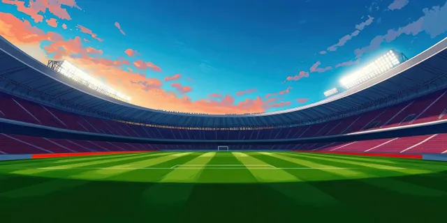 Empty soccer stadium interior with green grass pitch, goal frame, and colorful sunset clouds overhead.