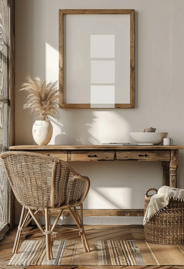 Blank poster frame on boho wall above wooden desk with rattan chair in sunlit room