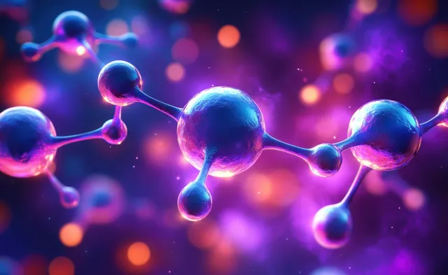 Glowing atom-like spheres form a molecular chain across purple-blue space with floating bokeh light particles.