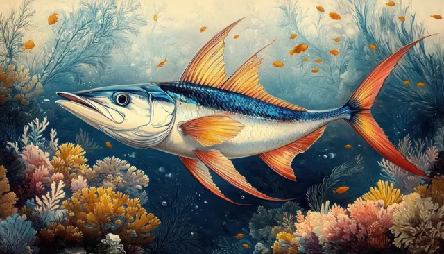 A large blue and orange fish swims among colorful coral reefs as small orange fish drift nearby underwater.