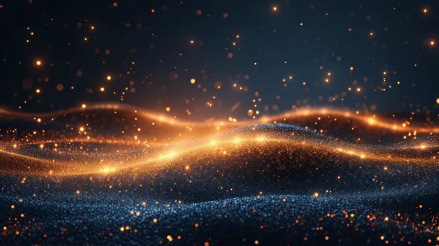 Golden particle waves form glowing circular bursts across a dark textured background.