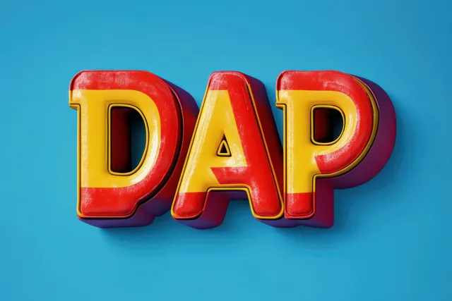 Letras retro en 3D que forman DAD en rojo, amarillo y azul sobre un fondo turquesa.