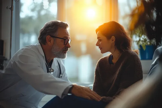 A doctor holds hands with a worried overweight patient while discussing medical test results in an emergency room.
