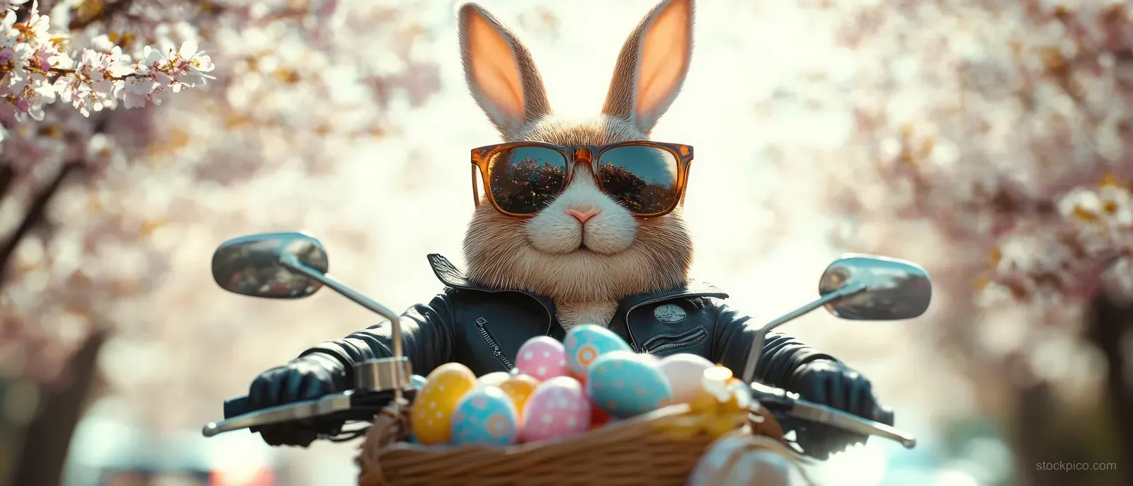 Sunglassed rabbit in a leather jacket rides a motorcycle, with colorful Easter eggs in a basket near cherry blossoms.