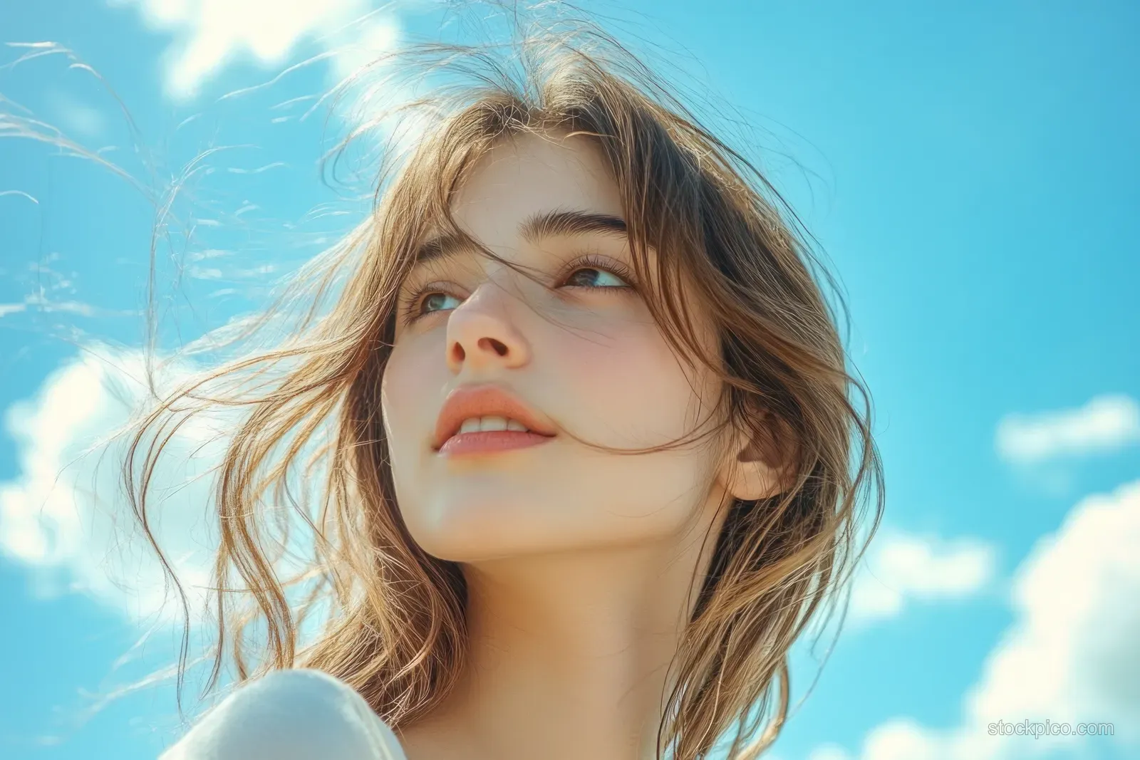 Waist-up portrait of a young woman looking up at blue sky with wind-tossed hair in soft sunlight.
