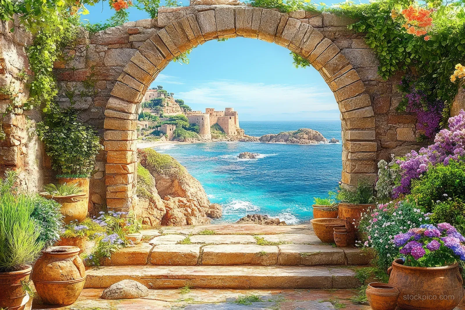 Ancient stone archway frames a coastal view with potted flowers and ivy beside sunlit stone steps.