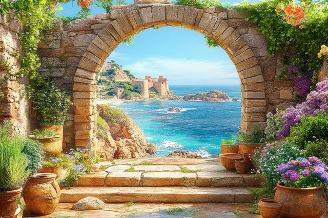 Ancient stone archway frames a coastal view with potted flowers and ivy beside sunlit stone steps.