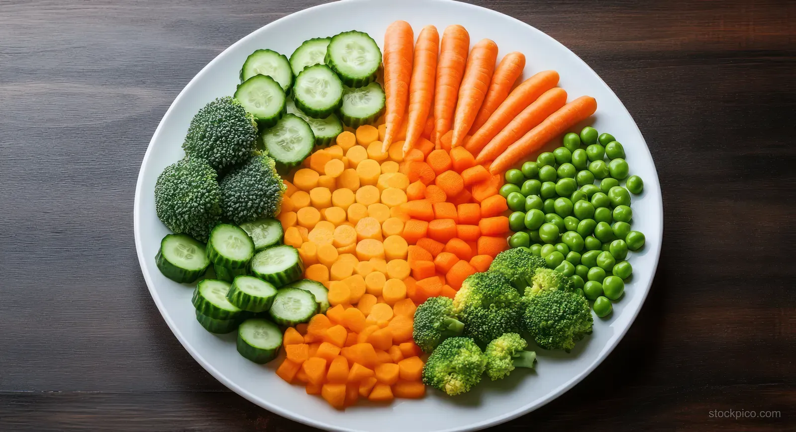 Colorful assortment of cucumber slices, carrots, broccoli florets, and green peas arranged on a white plate on wood.