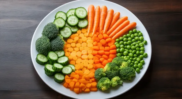 Colorful assortment of cucumber slices, carrots, broccoli florets, and green peas arranged on a white plate on wood.