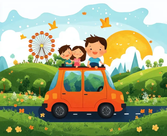 Family in a red van on a sunny summer countryside road, smiling and waving