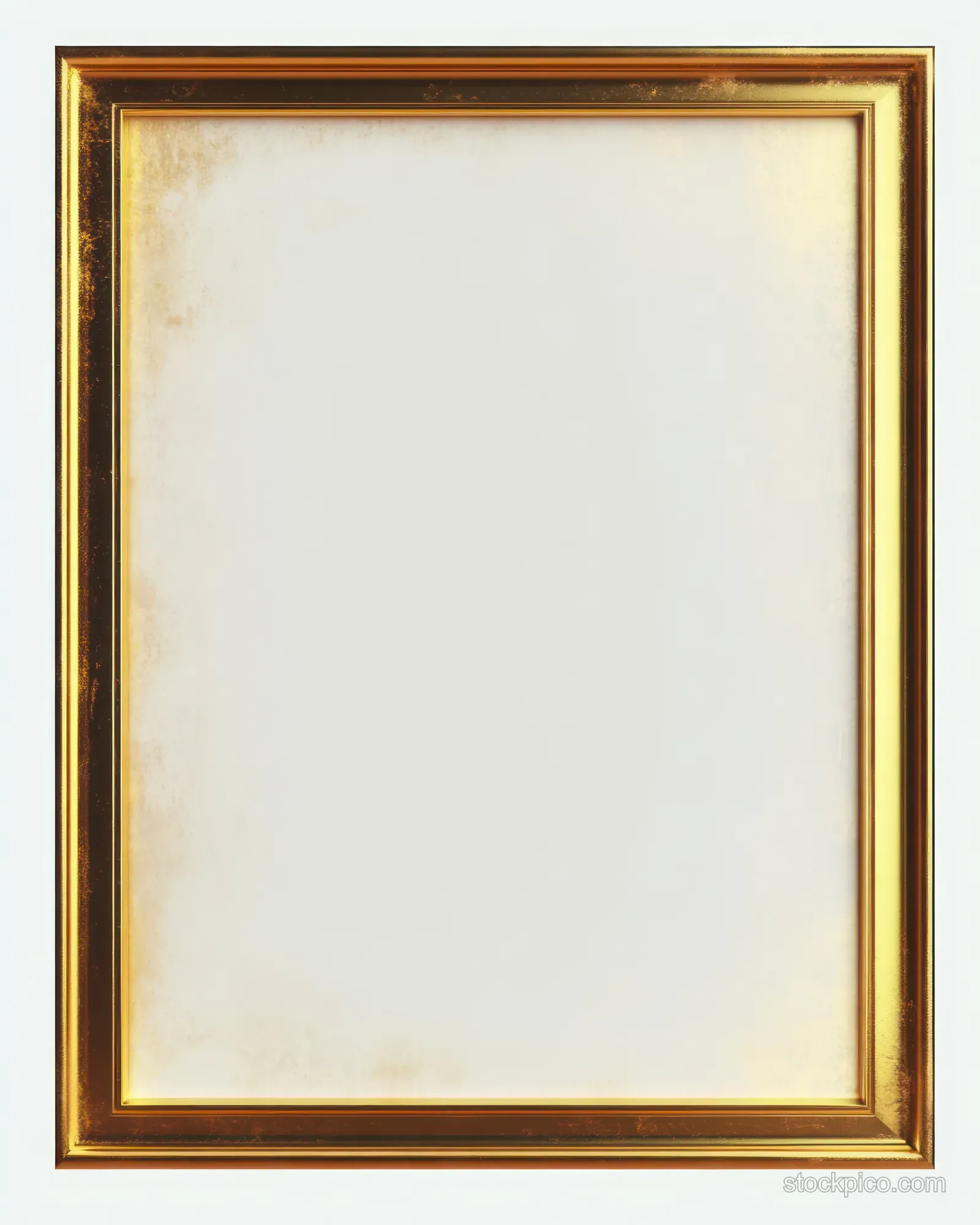 Empty ornate golden rectangular picture frame with glossy trim isolated on a white background.