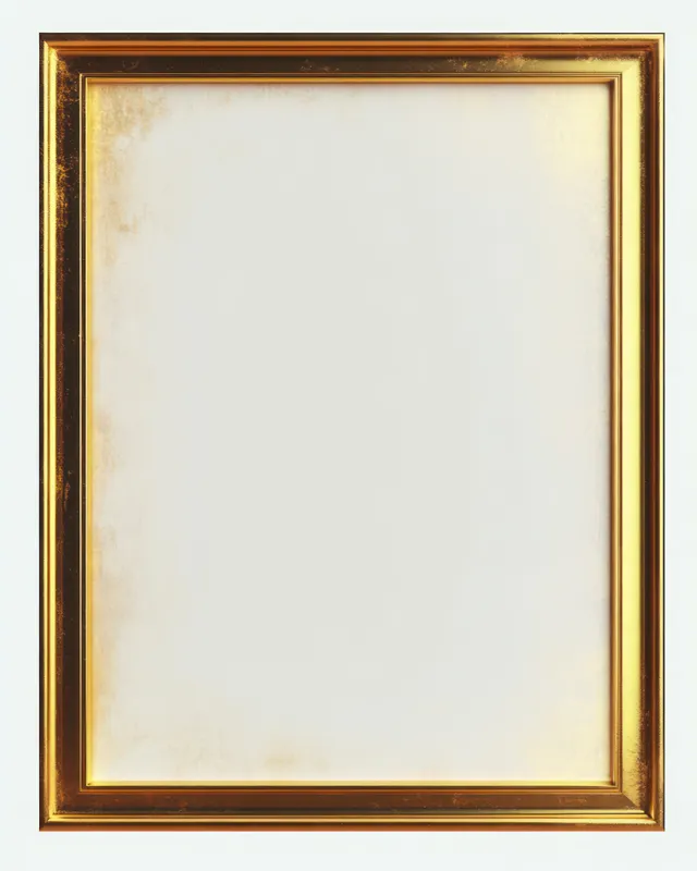 Empty ornate golden rectangular picture frame with glossy trim isolated on a white background.