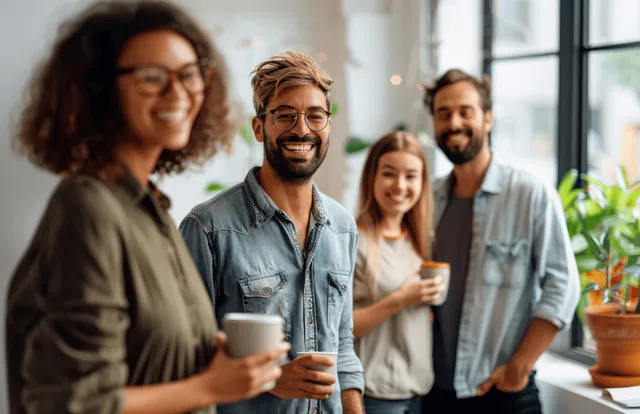 Smiling coworkers hold coffee cups and laugh during a break beside an office window with plants visible.