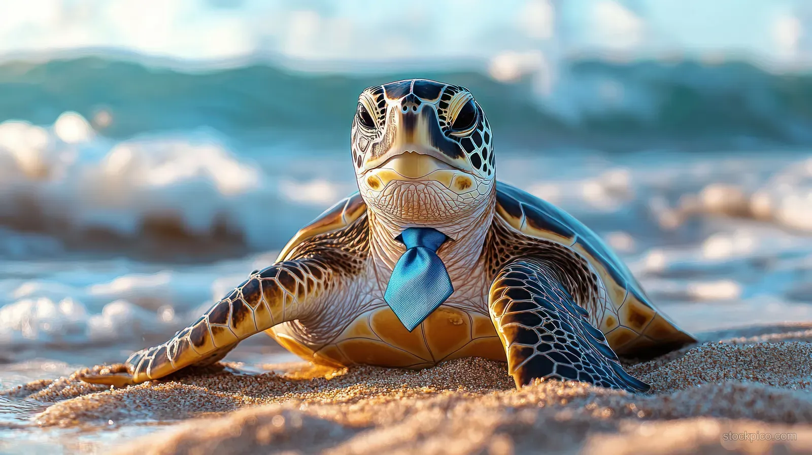 A sea turtle wearing a blue necktie crawls on a sandy beach with waves in the background.