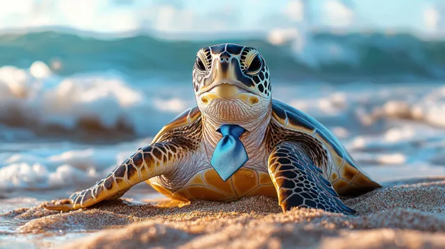 A sea turtle wearing a blue necktie crawls on a sandy beach with waves in the background.