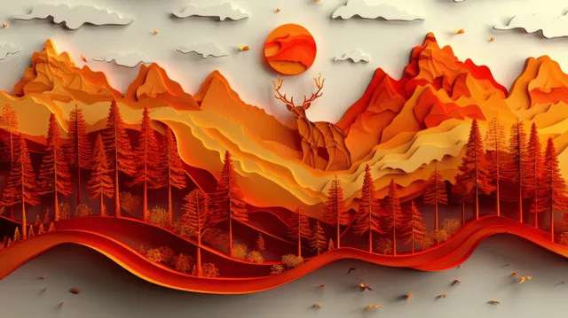 A paper cut forest landscape features a deer, red trees, layered mountains, and a glowing sun.
