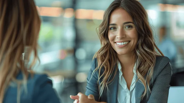 Smiling businesswoman offering a handshake during an office meeting, bright background bokeh