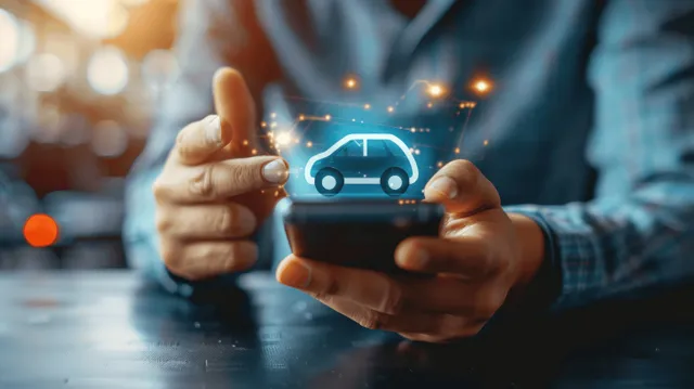 A man holds a smartphone showing a glowing car icon while using mobile services for transportation and insurance.
