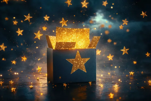 EU-colored ballot box with glowing star emblem and floating gold stars on a dark election background.