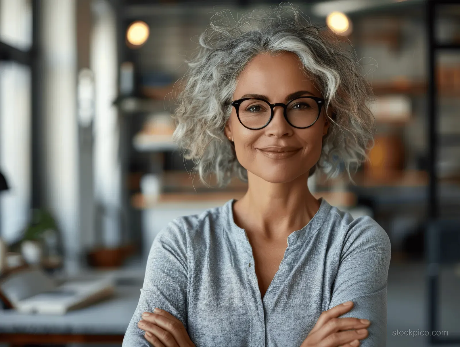 A middle-aged businesswoman with grey curly hair and glasses stands with arms crossed in an office.