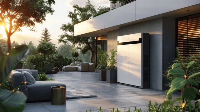 Solar photovoltaic panel charging a home battery system on a modern outdoor porch at sunset