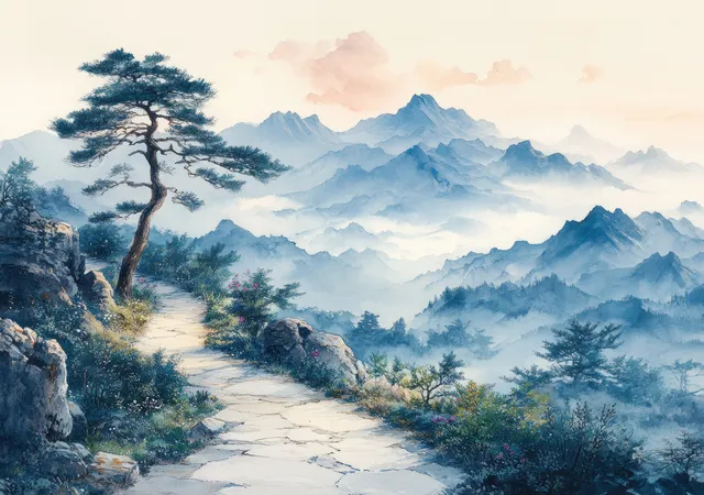 Ink-wash countryside path winding through misty mountains and morning blue sky