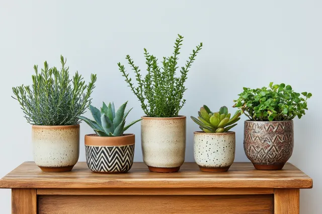 Potted succulents and herbs arranged on a wooden table under soft natural daylight.
