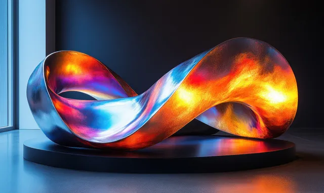 Iridescent ribbon sculpture with neon glow on a dark platform, minimalist scene
