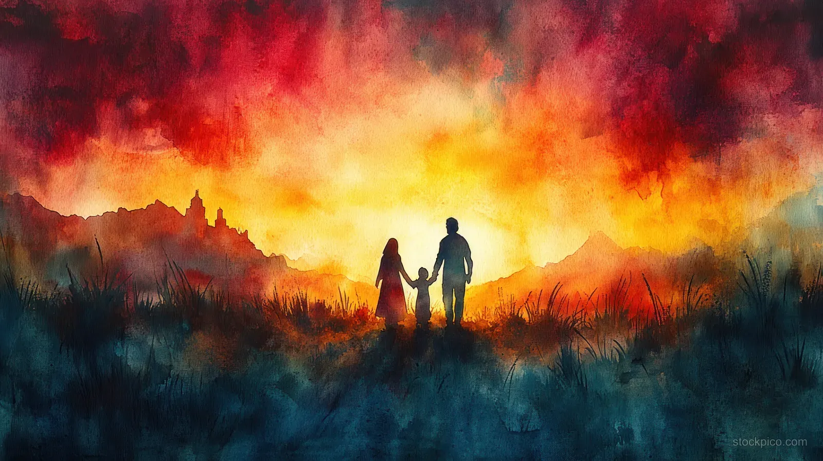 Watercolor nativity figures standing in silhouette beneath a glowing sunset with billowing clouds behind them.