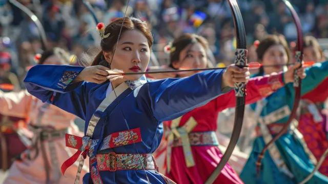 South Korean women’s archery team member aiming at a target during outdoor competition