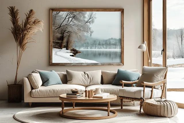 Beige sofa and round coffee table sit beneath a framed winter lake artwork beside a bright window.