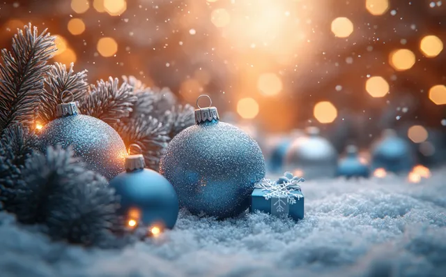 Blue and white Christmas baubles resting on snowy pine branches with glowing bokeh lights