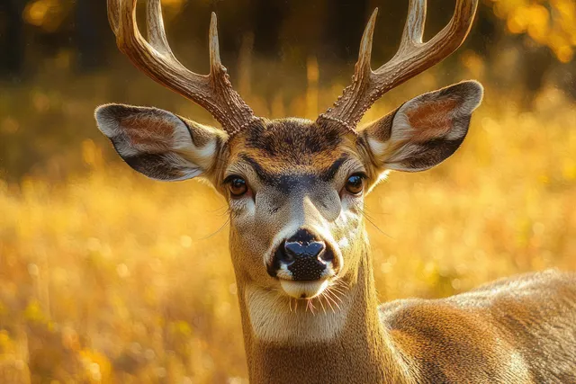 A close-up portrait of a majestic deer with large antlers in a sunlit golden field, displaying a calm yet alert expression.