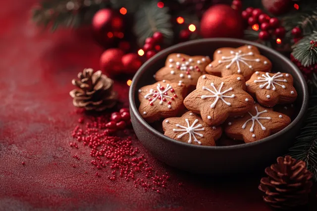 Gingerbread cookies in dark bowl with red Christmas ornaments on cozy blurred background