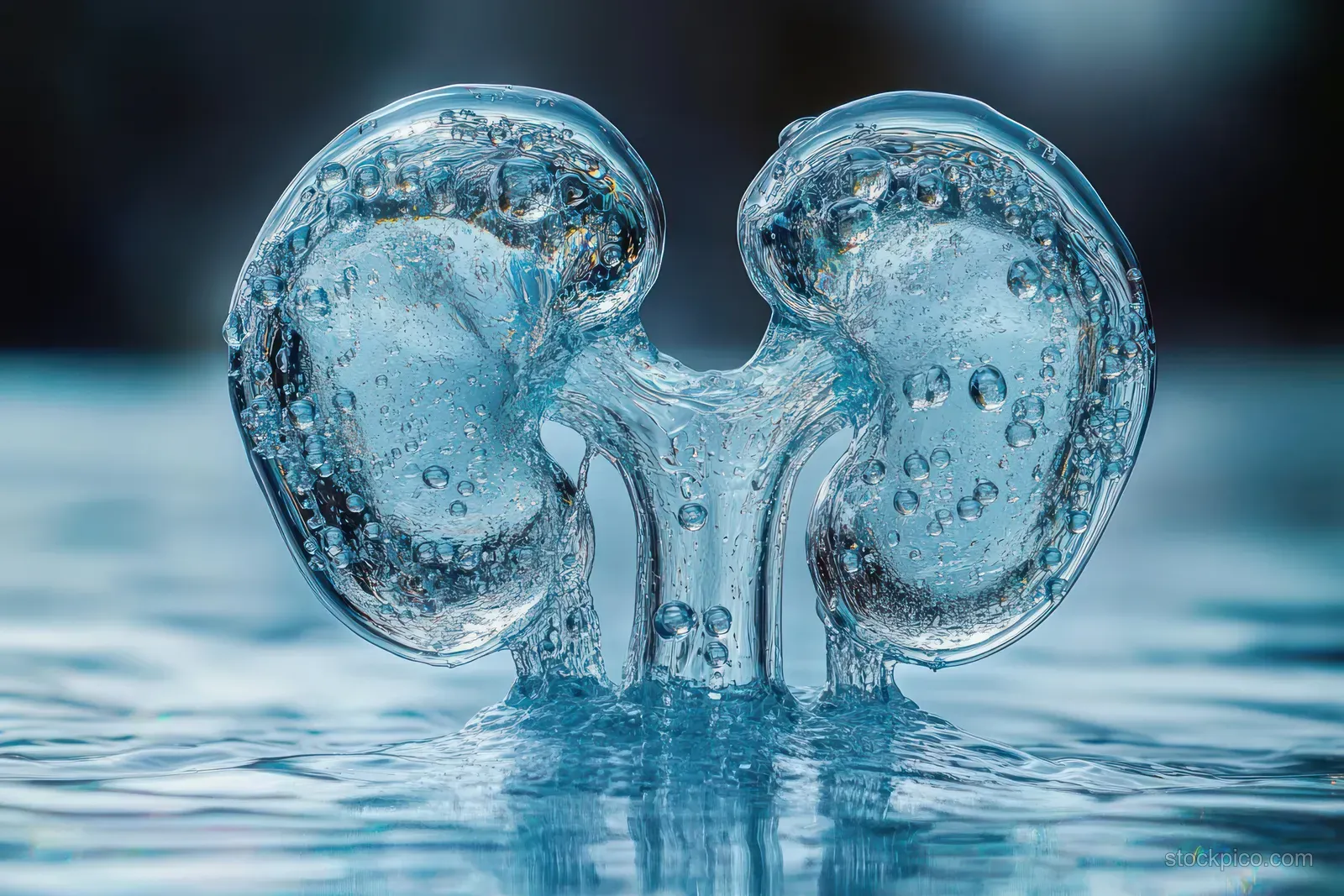 Transparent kidney-shaped water sculpture with air bubbles rising above a rippling surface against a blurred blue background.