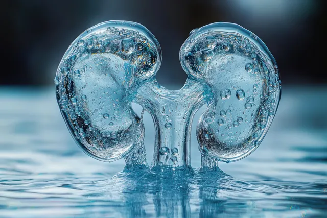 Transparent kidney-shaped water sculpture with air bubbles rising above a rippling surface against a blurred blue background.