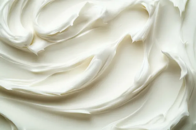 Creamy white lotion texture showing smooth swirling ridges and soft highlights in closeup.