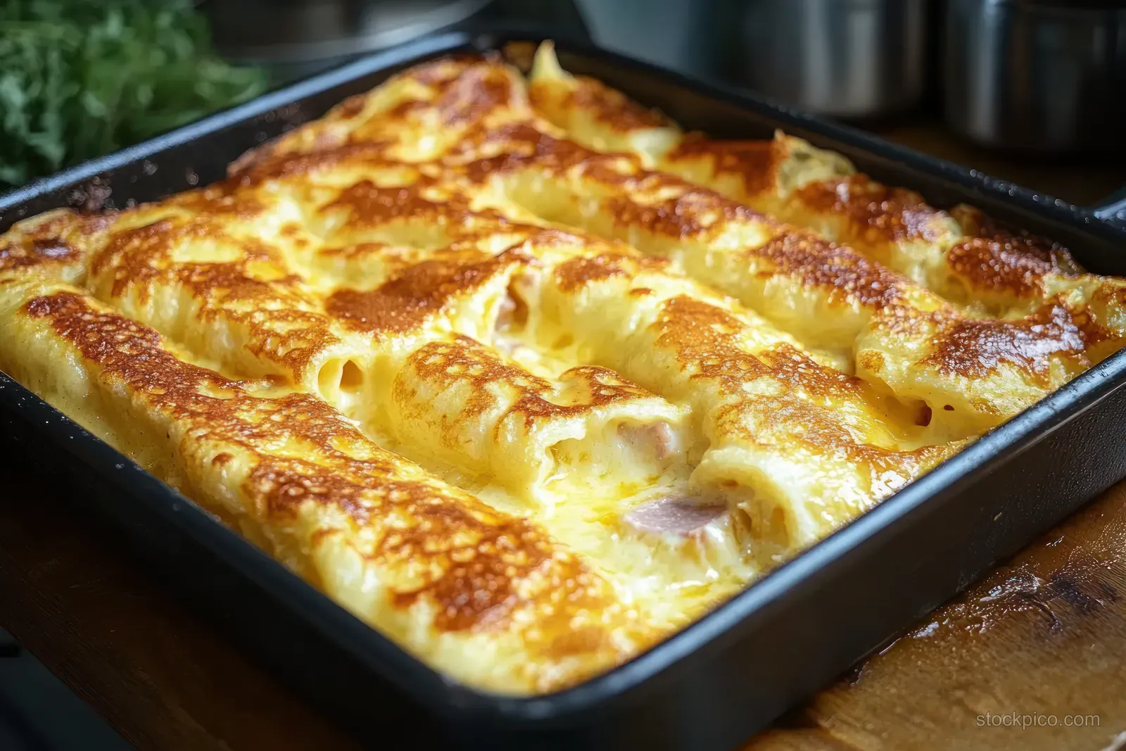 Freshly baked creamy cheesy pasta rolls in a black square baking dish with a golden bubbling crust on a wooden surface.