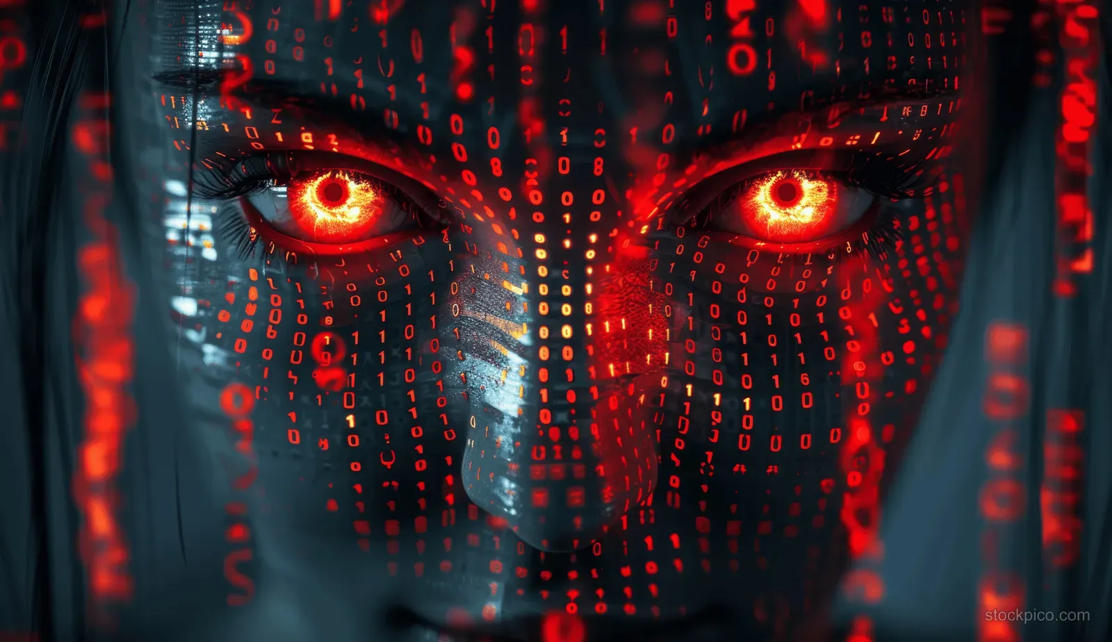 Close-up AI cyborg face with red glowing eyes surrounded by falling binary code on a dark background.