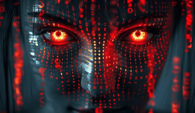 Close-up AI cyborg face with red glowing eyes surrounded by falling binary code on a dark background.