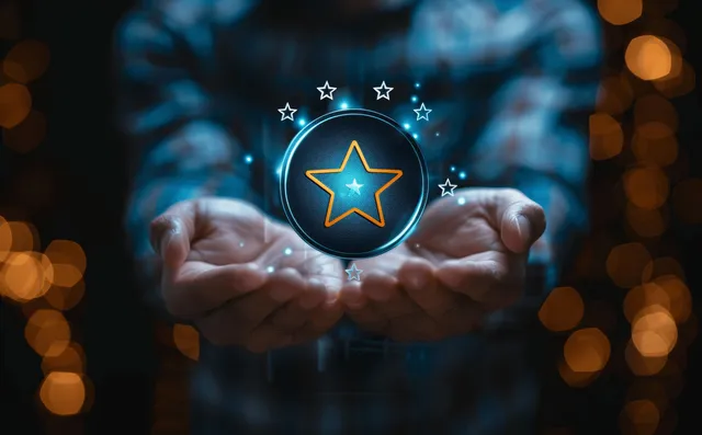 Businessman holding glowing five-star ISO quality badge over blurred city lights at night