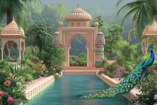 A peacock with spread tail stands near a Mughal garden pool framed by ornate arches and lush tropical plants.