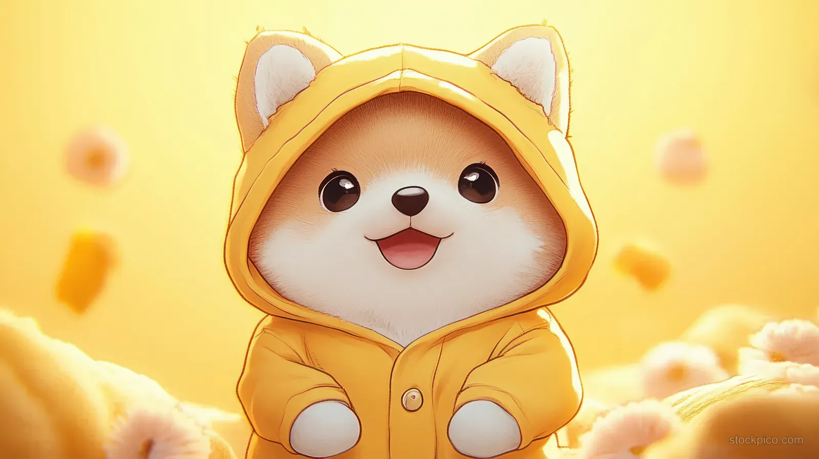 A chubby Shiba Inu cartoon character in a yellow onesie hood waves with warm yellow soft bokeh behind.
