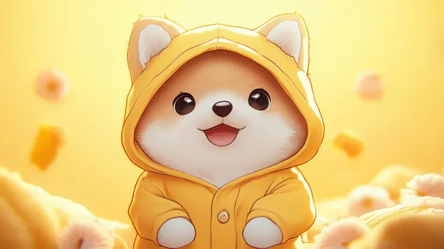 Chubby Shiba Inu character wearing yellow onesie hood, waving in warm pastel cartoon