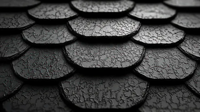 Overlapping dark roofing shingles fill the frame with visible cracks and rough weathered texture.